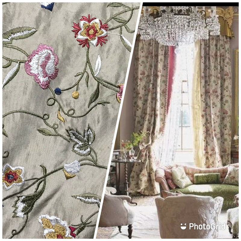 NEW! Lady Melody Designer 100% Silk Dupioni Embroidery Floral Fabric- Taupe - Fancy Styles Fabric Pierre Frey Lee Jofa Brunschwig & Fils