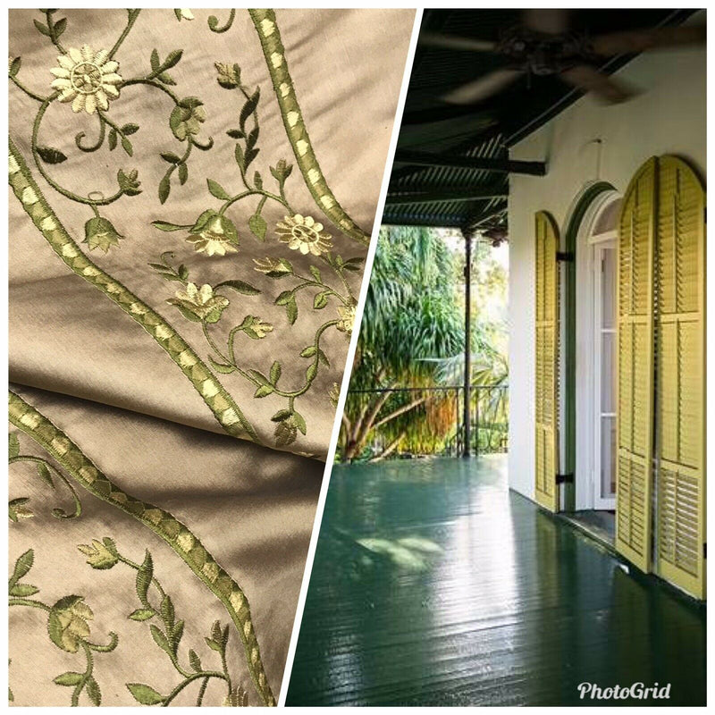 NEW! Lady Margot 100% Silk Dupioni Embroidered Floral Stripes Fabric- Khaki & Green - Fancy Styles Fabric Pierre Frey Lee Jofa Brunschwig & Fils