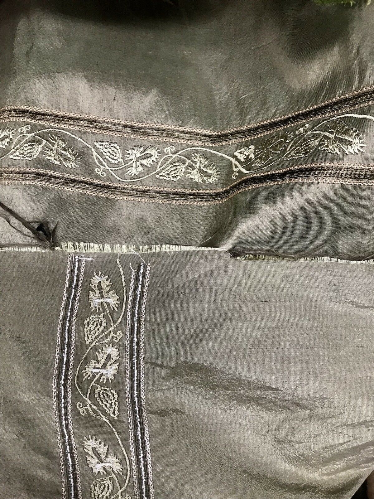 SWATCH Lady Paulette 100% Silk Taffeta Drapery Fabric -Embroidery Khaki Green - Fancy Styles Fabric Pierre Frey Lee Jofa Brunschwig & Fils