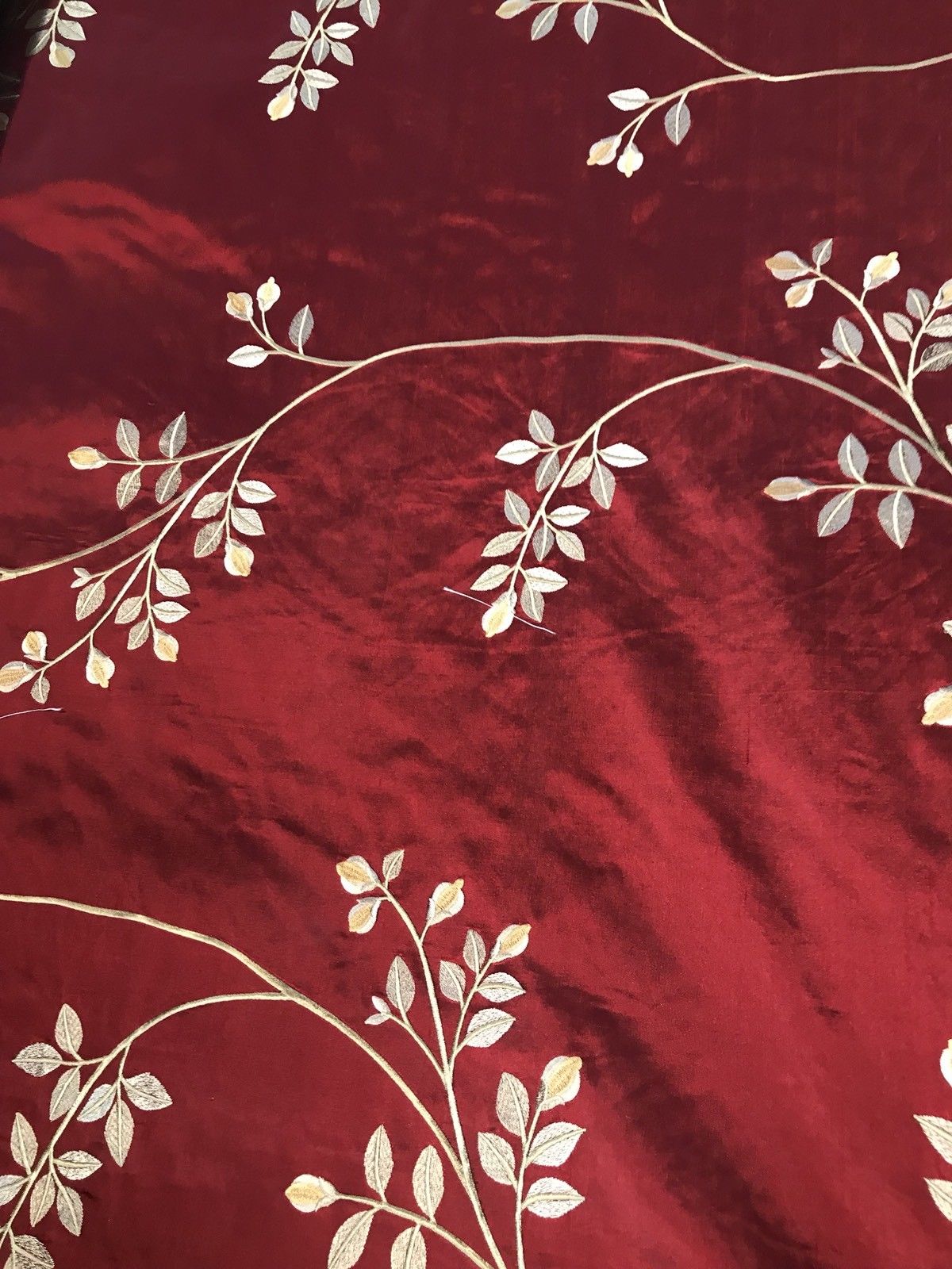 NEW! SALE! 100% Silk Taffeta Embroidered Floral Motif Fabric - Dark Red - Fancy Styles Fabric Boutique