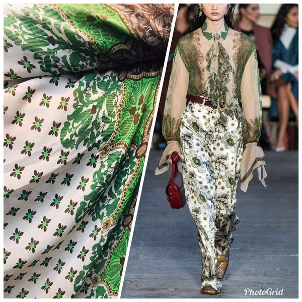 NEW! 100% Silk Chiffon Bohemian Fabric Green Dot Floral By The Yard - Fancy Styles Fabric Pierre Frey Lee Jofa Brunschwig & Fils