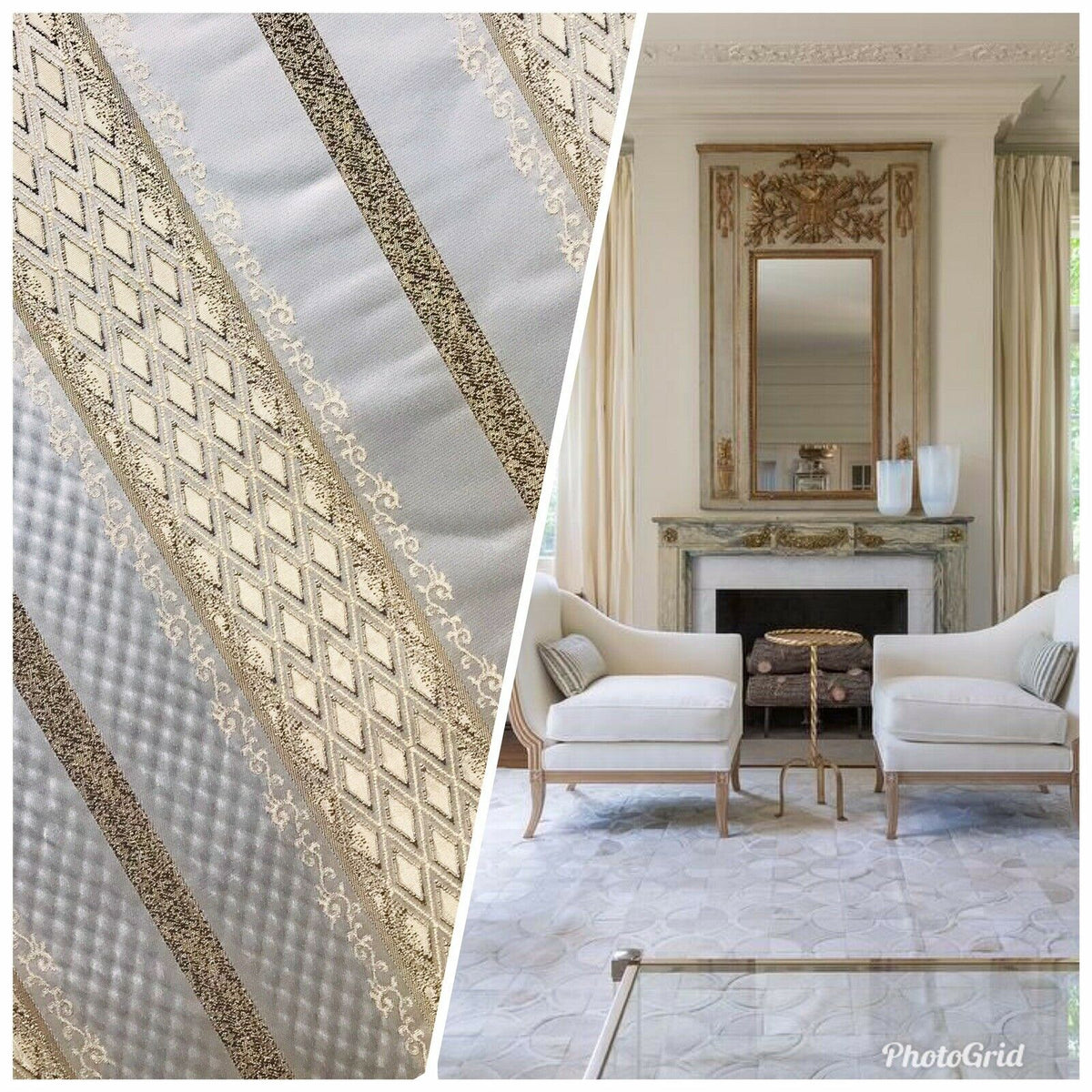 Lady Jennifer Italian Brocade Striped Satin Fabric -Ivory Gold Upholstery Neoclassical - Fancy Styles Fabric Pierre Frey Lee Jofa Brunschwig & Fils
