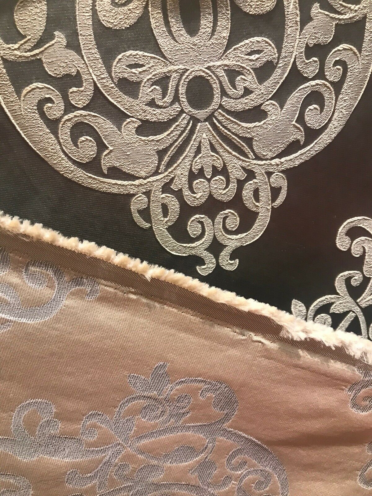 Sir Nathan Designer Brocade Satin Fabric- Charcoal Gray Ivory- Upholstery Damask - Fancy Styles Fabric Pierre Frey Lee Jofa Brunschwig & Fils