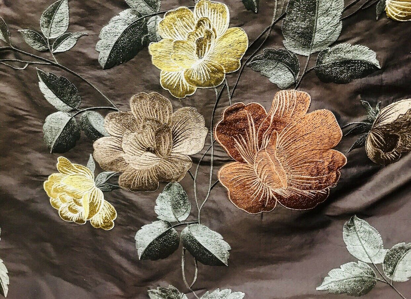 NEW! SALE! Duchess Seraphina 100% Silk Dupioni Embroidered Floral Fabric- Chocolate Brown - Fancy Styles Fabric Pierre Frey Lee Jofa Brunschwig & Fils