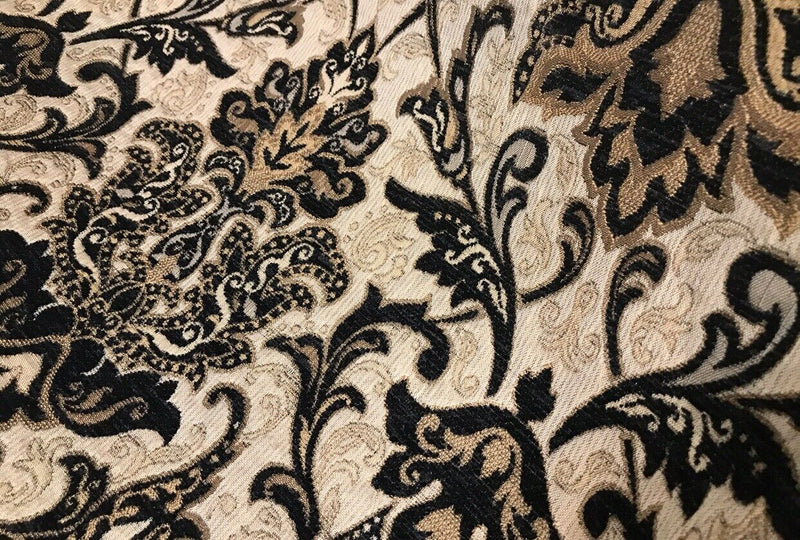 King Christopher Designer Velvet Chenille Burnout Damask Brocade Fabric - Black Beige Gold BTY - Fancy Styles Fabric Pierre Frey Lee Jofa Brunschwig & Fils