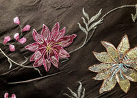 NEW! Queen Theodora 100% Silk Taffeta Embroidered Floral Motif Fabric Brown Pink Blue 55” wide - Fancy Styles Fabric Pierre Frey Lee Jofa Brunschwig & Fils