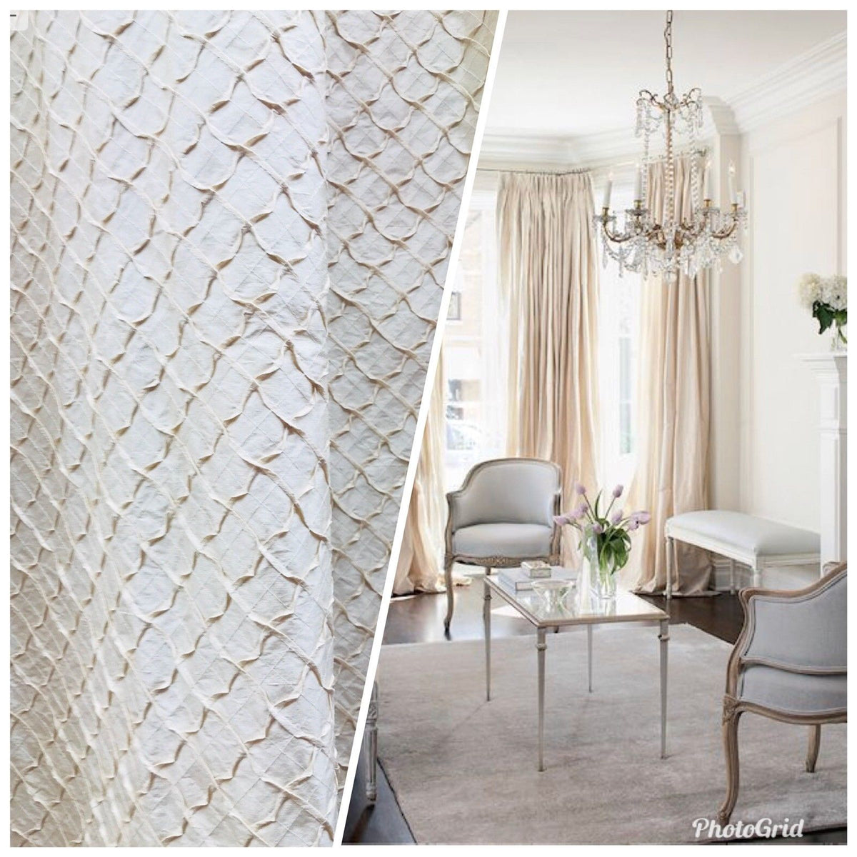 Designer 100% Silk Taffeta Quilted Drapery Fabric- Ivory- Sold By The Yard - Fancy Styles Fabric Pierre Frey Lee Jofa