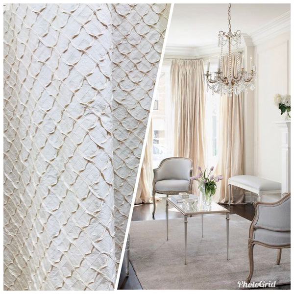 Designer 100% Silk Taffeta Quilted Drapery Fabric- Ivory- Sold By The Yard - Fancy Styles Fabric Pierre Frey Lee Jofa
