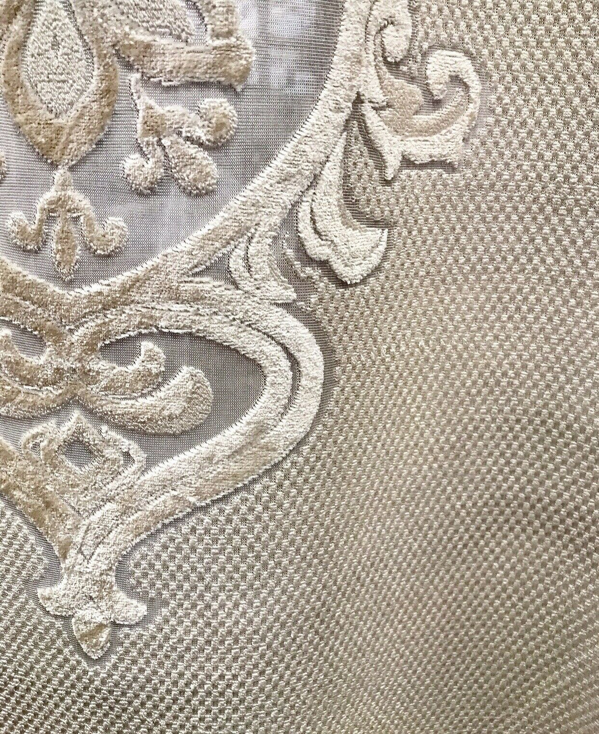 NEW! 112” Wide Designer Sheer Burnout Velvet Lace Drapery Fabric- Shell Pearl - Fancy Styles Fabric Pierre Frey Lee Jofa Brunschwig & Fils