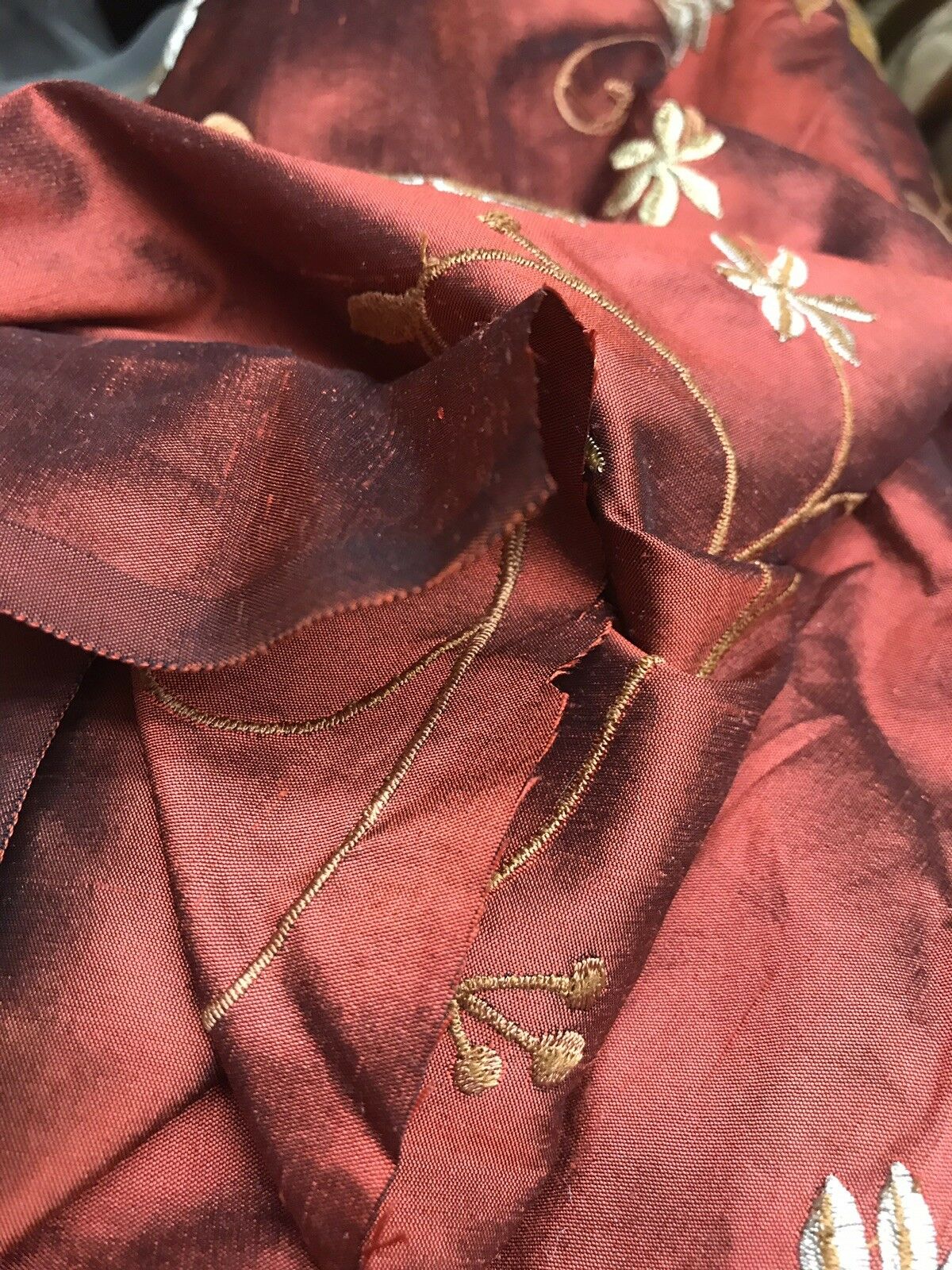 SALE! Designer 100% Silk Taffeta Embroidery Floral Fabric Rust Red- Textured - Fancy Styles Fabric Pierre Frey Lee Jofa Brunschwig & Fils