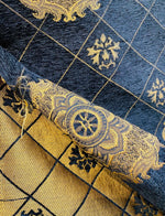 NEW Lord Chester Designer Burnout Chenille Velvet Medallion Upholstery Fabric Blue and Gold - Fancy Styles Fabric Pierre Frey Lee Jofa Brunschwig & Fils