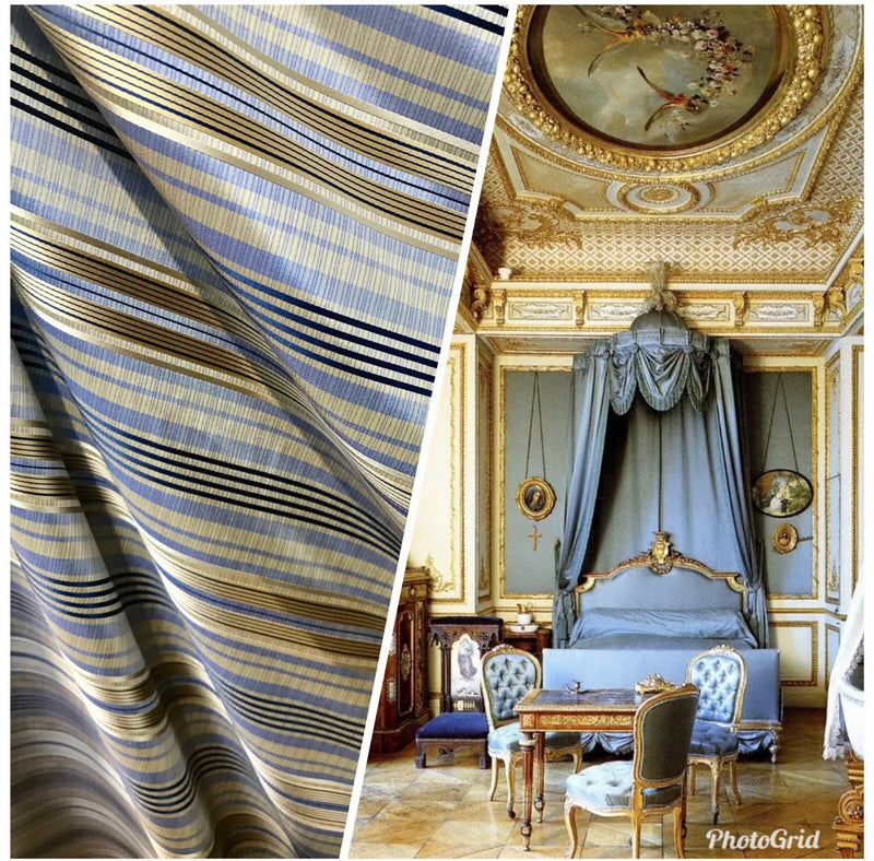 DEAL! Count Levi 100% Silk Taffeta Ribbon Striped Blue and Gold Fabric - Fancy Styles Fabric Pierre Frey Lee Jofa Brunschwig & Fils