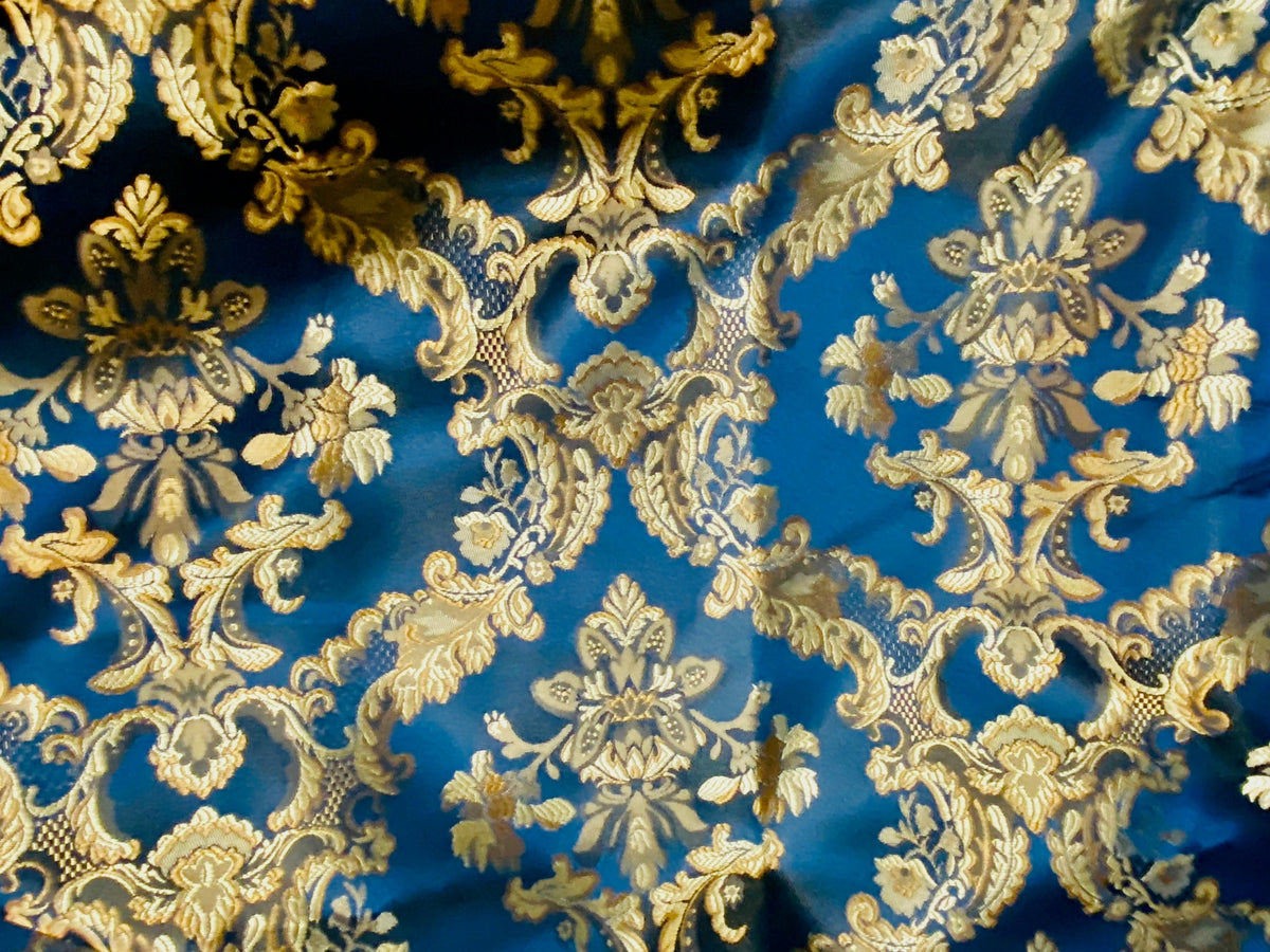 NEW Prince Lucas Designer Satin Damask Brocade Upholstery Drapery Peacock Blue Fabric - Fancy Styles Fabric Pierre Frey Lee Jofa Brunschwig & Fils