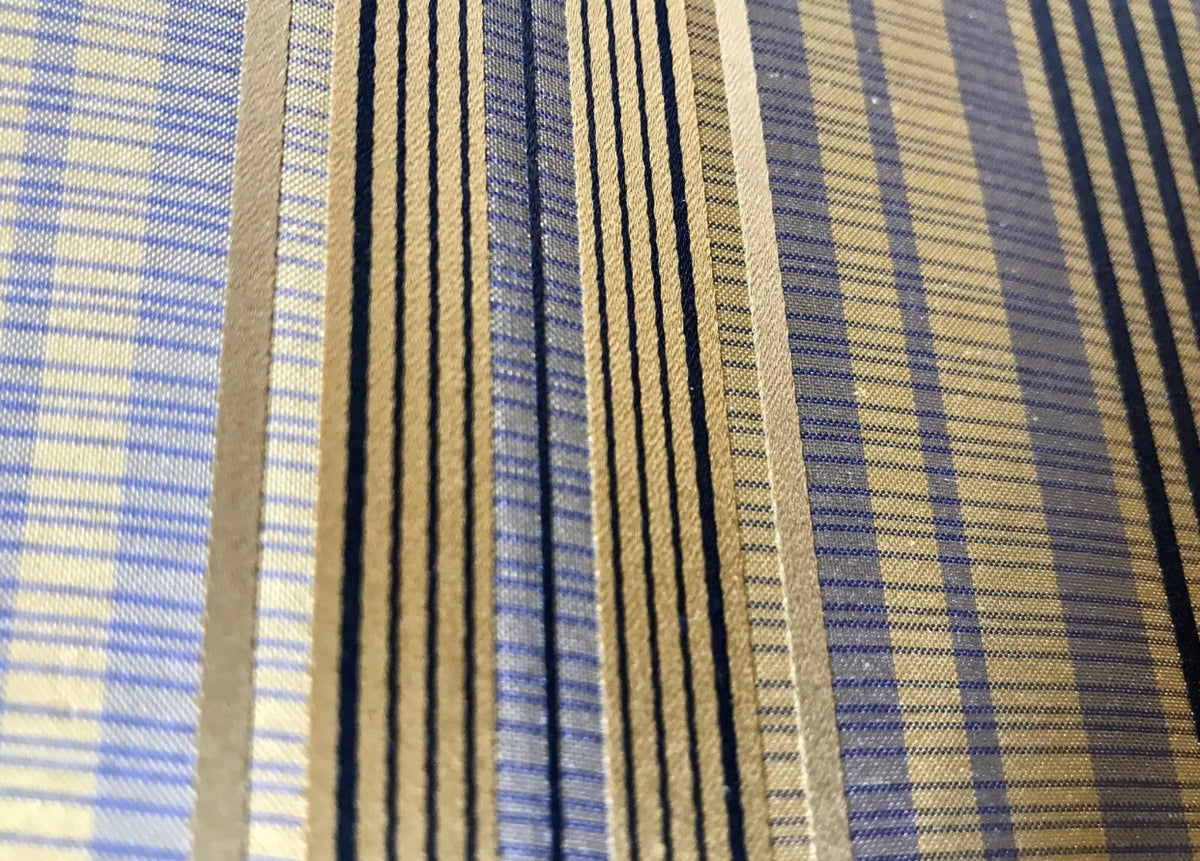 DEAL! Count Levi 100% Silk Taffeta Ribbon Striped Blue and Gold Fabric - Fancy Styles Fabric Pierre Frey Lee Jofa Brunschwig & Fils
