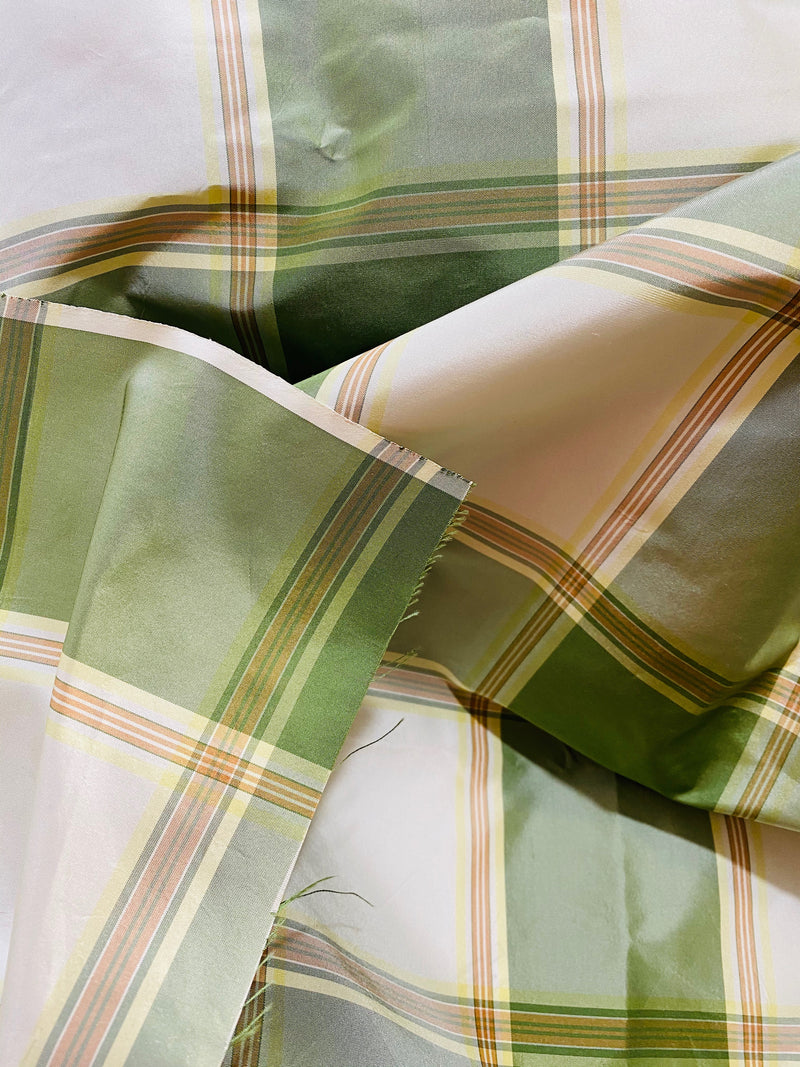 NEW Miss Dorothy Designer 100% Silk Taffeta Plaid Tartan Green & Cream Fabric - Fancy Styles Fabric Pierre Frey Lee Jofa Brunschwig & Fils