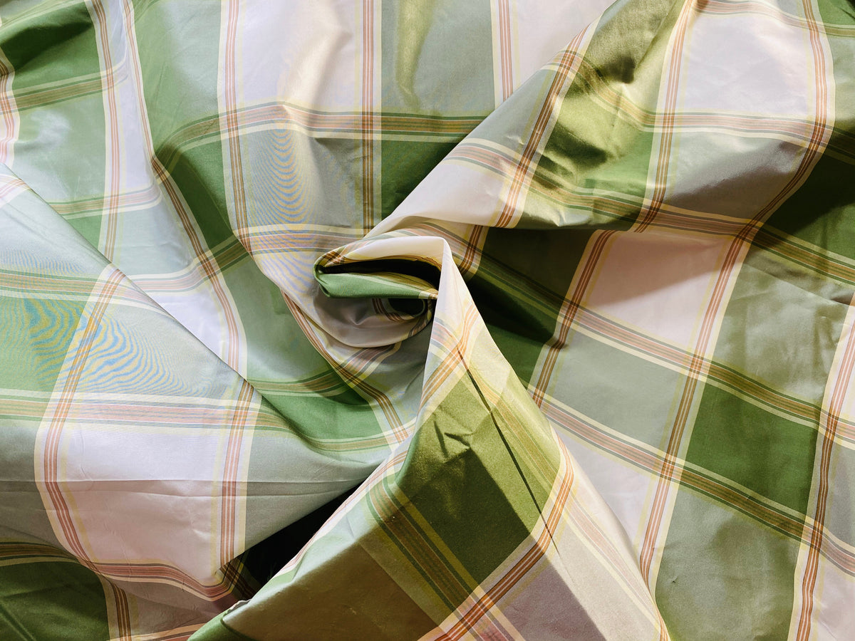 NEW Miss Dorothy Designer 100% Silk Taffeta Plaid Tartan Green & Cream Fabric - Fancy Styles Fabric Pierre Frey Lee Jofa Brunschwig & Fils