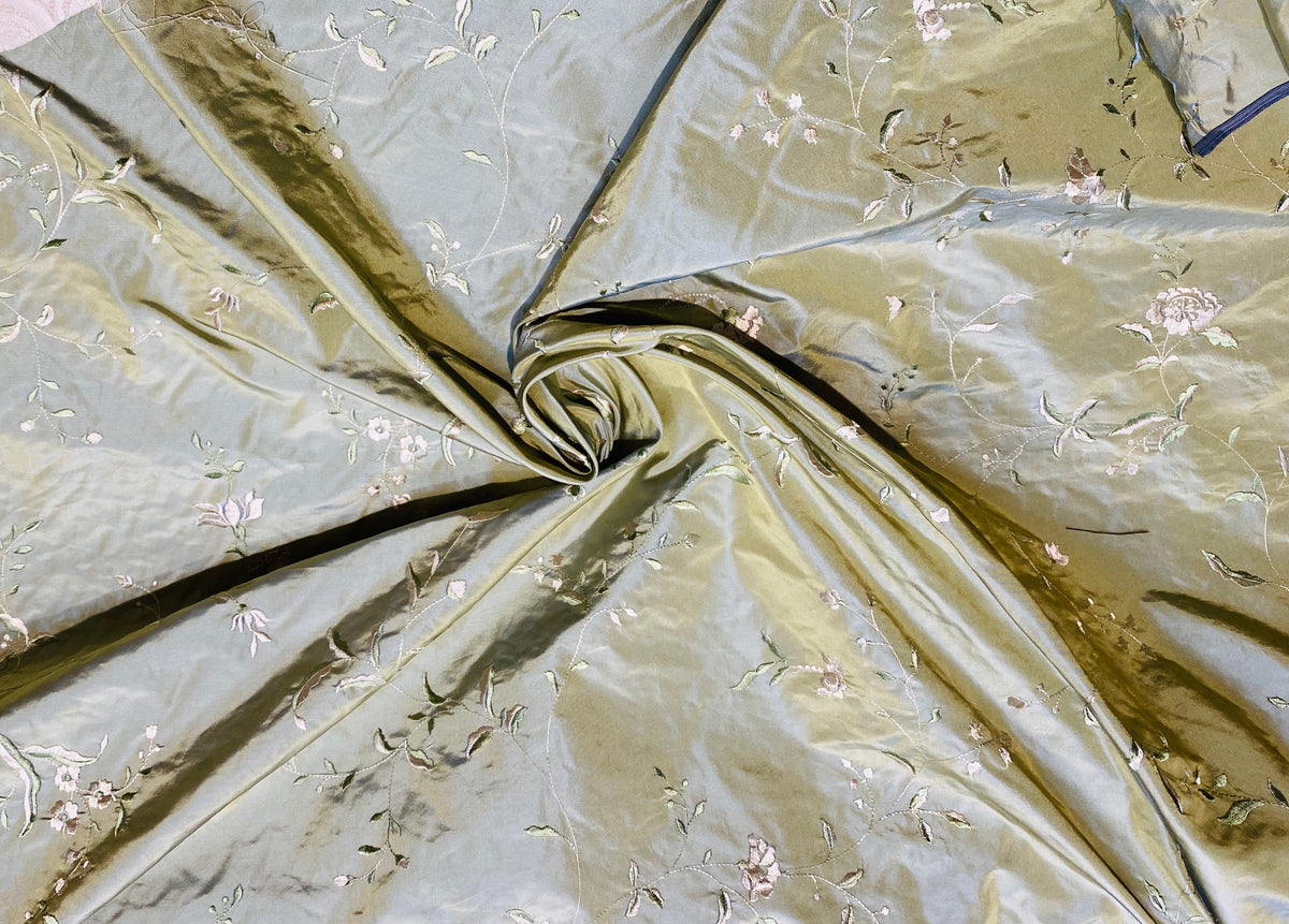 NEW Queen Amaranth Designer 100% Silk Taffeta in Green with Champagne Floral Embroidery - Fancy Styles Fabric Pierre Frey Lee Jofa Brunschwig & Fils