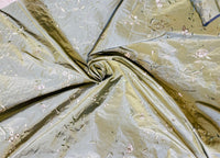 NEW Queen Amaranth Designer 100% Silk Taffeta in Green with Champagne Floral Embroidery - Fancy Styles Fabric Pierre Frey Lee Jofa Brunschwig & Fils