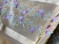 NEW Duchess Adele Designer 100% Silk Taffeta Ribbon Stripe Embroidered Floral Fabric in Gold and Lavender - Fancy Styles Fabric Pierre Frey Lee Jofa Brunschwig & Fils