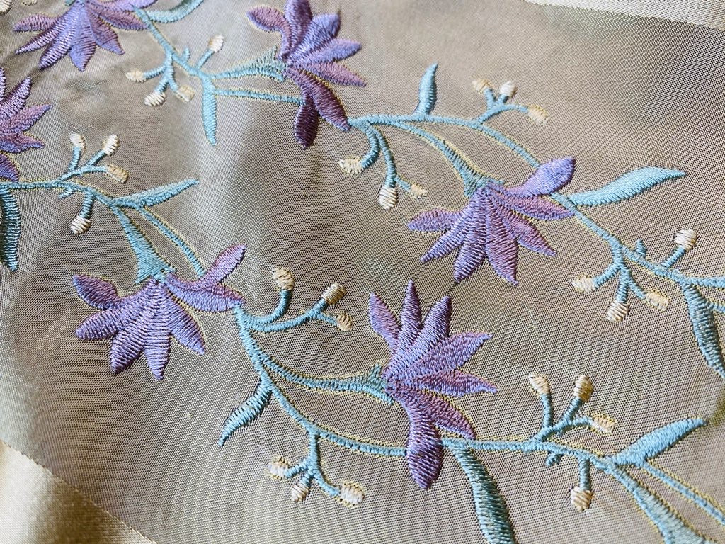 NEW Duchess Adele Designer 100% Silk Taffeta Ribbon Stripe Embroidered Floral Fabric in Gold and Lavender - Fancy Styles Fabric Pierre Frey Lee Jofa Brunschwig & Fils