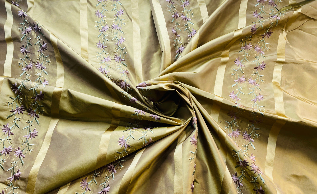 NEW Duchess Adele Designer 100% Silk Taffeta Ribbon Stripe Embroidered Floral Fabric in Gold and Lavender - Fancy Styles Fabric Pierre Frey Lee Jofa Brunschwig & Fils