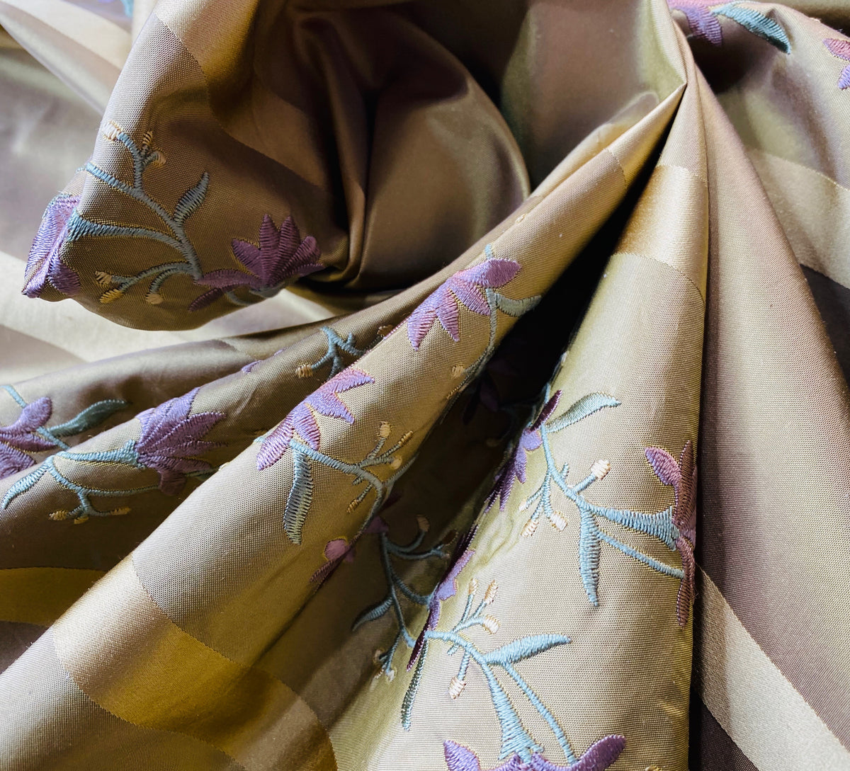 NEW Duchess Adele Designer 100% Silk Taffeta Ribbon Stripe Embroidered Floral Fabric in Gold and Lavender - Fancy Styles Fabric Pierre Frey Lee Jofa Brunschwig & Fils