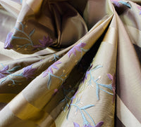 NEW Duchess Adele Designer 100% Silk Taffeta Ribbon Stripe Embroidered Floral Fabric in Gold and Lavender - Fancy Styles Fabric Pierre Frey Lee Jofa Brunschwig & Fils
