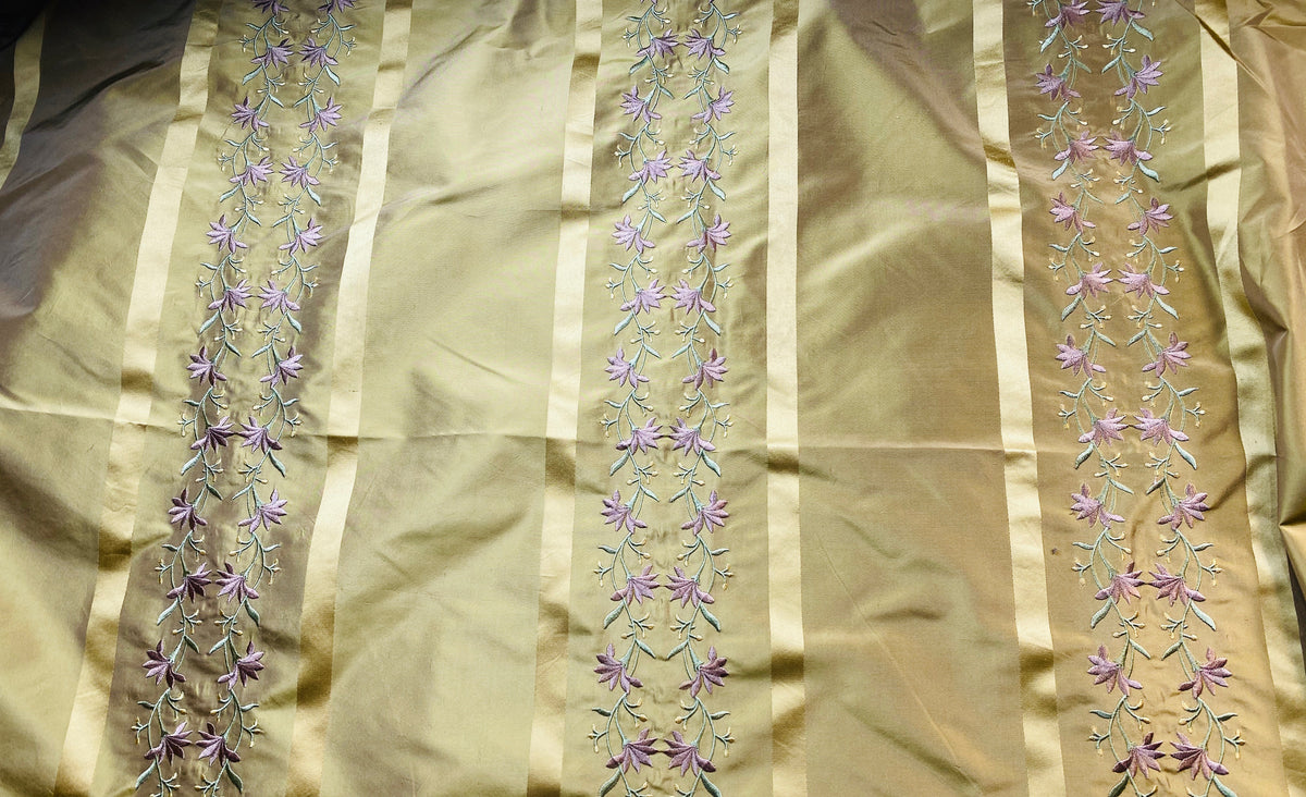 NEW Duchess Adele Designer 100% Silk Taffeta Ribbon Stripe Embroidered Floral Fabric in Gold and Lavender - Fancy Styles Fabric Pierre Frey Lee Jofa Brunschwig & Fils