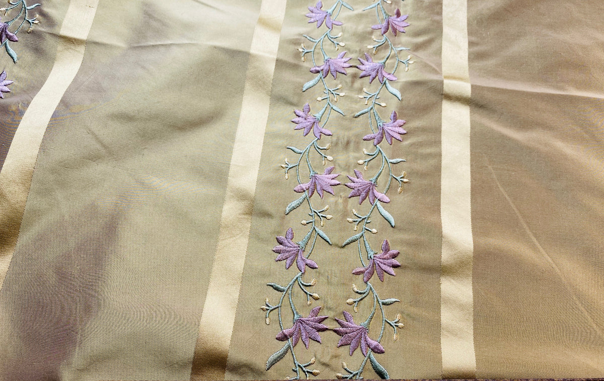 NEW Duchess Adele Designer 100% Silk Taffeta Ribbon Stripe Embroidered Floral Fabric in Gold and Lavender - Fancy Styles Fabric Pierre Frey Lee Jofa Brunschwig & Fils