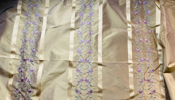 NEW Duchess Adele Designer 100% Silk Taffeta Ribbon Stripe Embroidered Floral Fabric in Gold and Lavender - Fancy Styles Fabric Pierre Frey Lee Jofa Brunschwig & Fils