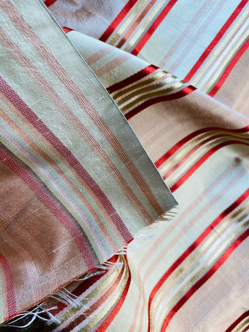 NEW Miss Charlotte Designer 100% Silk Dupioni Fabric with Red, Pink, Gold, & Copper Ribbon Stripes - Fancy Styles Fabric Pierre Frey Lee Jofa Brunschwig & Fils