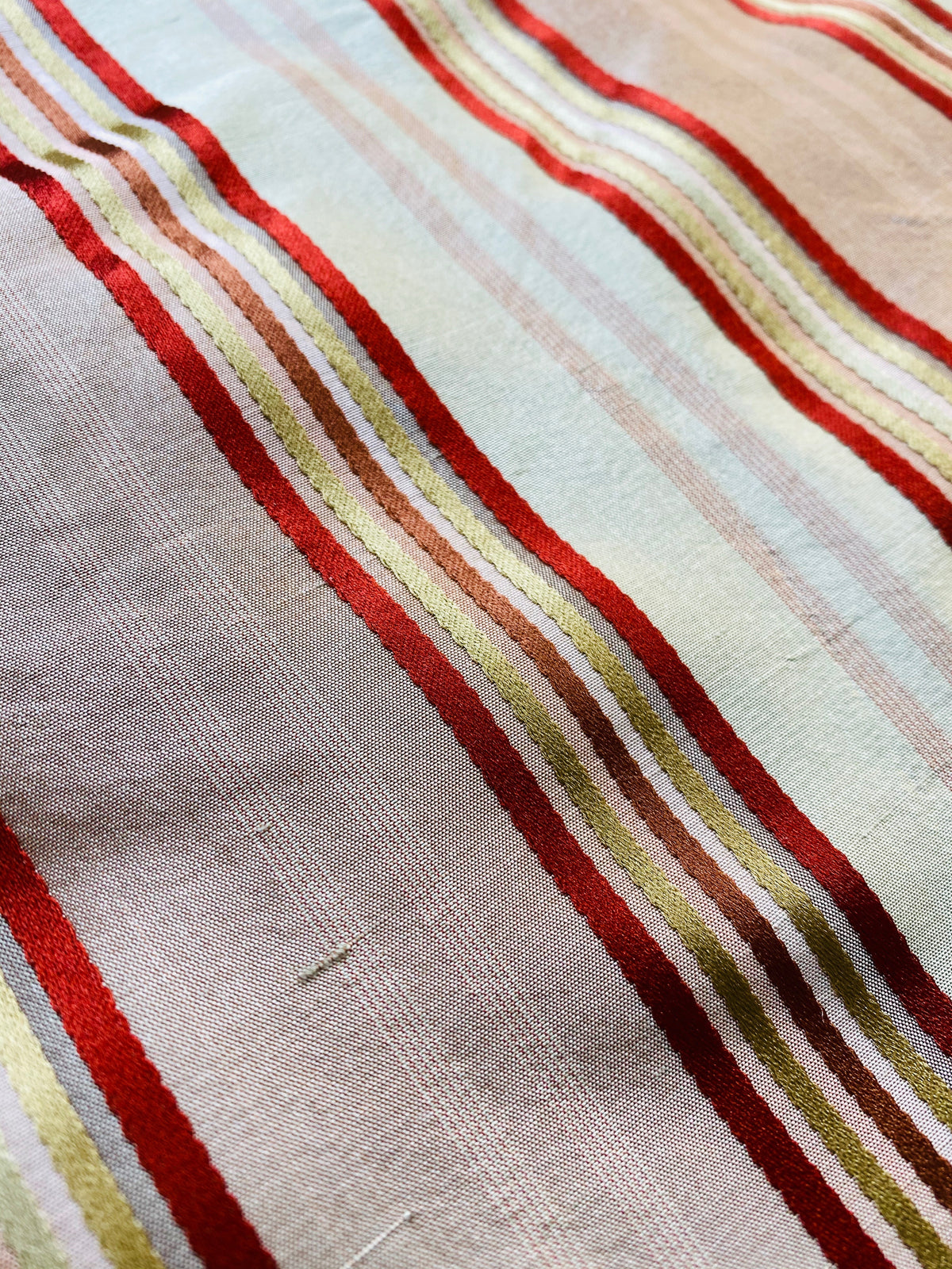 NEW Miss Charlotte Designer 100% Silk Dupioni Fabric with Red, Pink, Gold, & Copper Ribbon Stripes - Fancy Styles Fabric Pierre Frey Lee Jofa Brunschwig & Fils