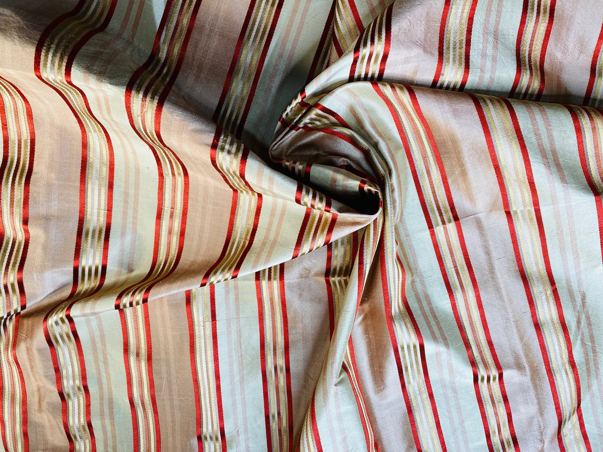 NEW Miss Charlotte Designer 100% Silk Dupioni Fabric with Red, Pink, Gold, & Copper Ribbon Stripes - Fancy Styles Fabric Pierre Frey Lee Jofa Brunschwig & Fils