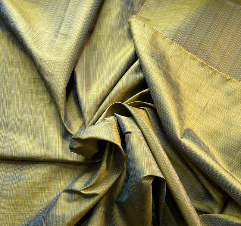 NEW Lady Bridgette Designer 100% Silk Dupioni Olive Green with Blue Iridescence Pinstriped Fabric - Fancy Styles Fabric Pierre Frey Lee Jofa Brunschwig & Fils
