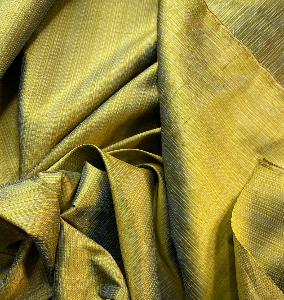 NEW Lady Bridgette Designer 100% Silk Dupioni Olive Green with Blue Iridescence Pinstriped Fabric - Fancy Styles Fabric Pierre Frey Lee Jofa Brunschwig & Fils