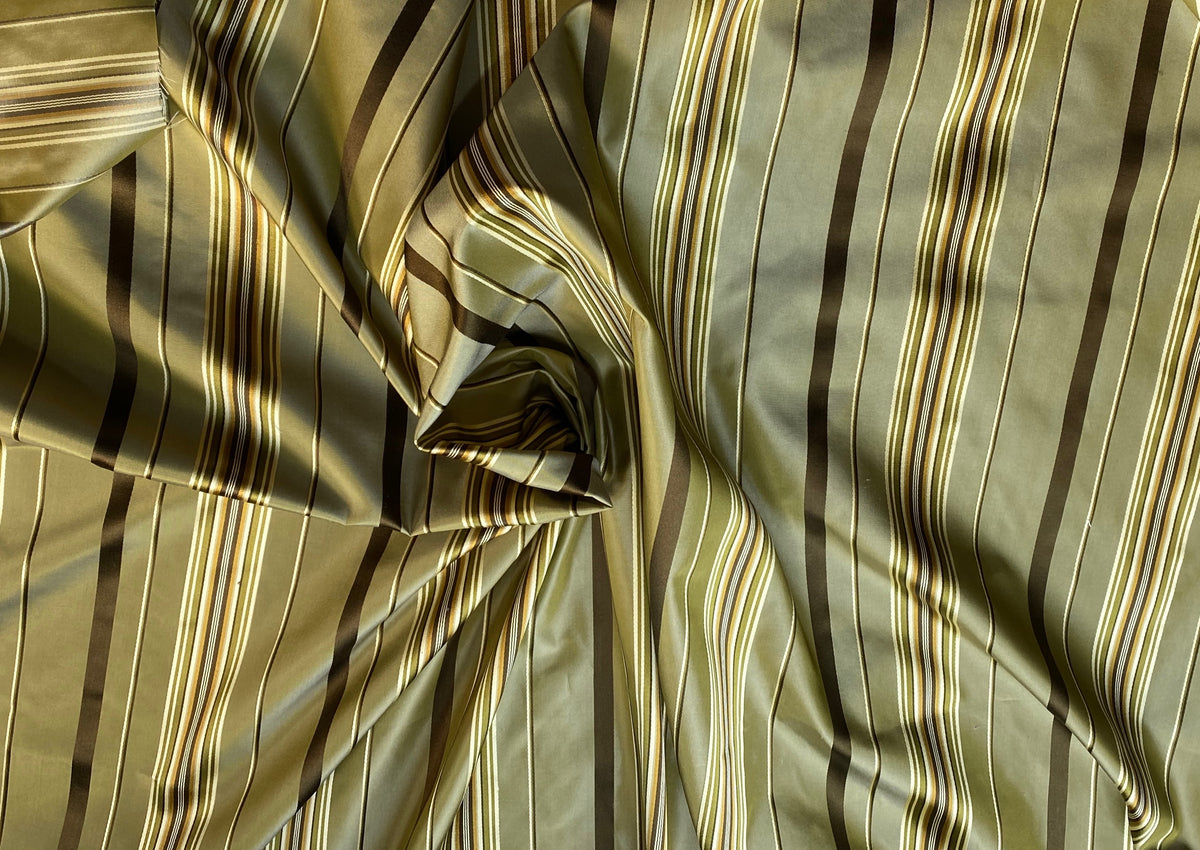 NEW Lady Grace Designer 100% Silk Fabric with Tone on Tone Olive Green & Gold Ribbon Stripes - Fancy Styles Fabric Pierre Frey Lee Jofa Brunschwig & Fils