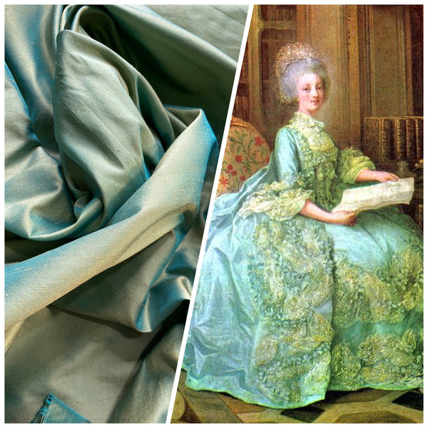 NEW Duchess Mable Designer 100% Silk Dupioni Fabric in Light Turquoise with Peach Iridescence - Fancy Styles Fabric Pierre Frey Lee Jofa Brunschwig & Fils