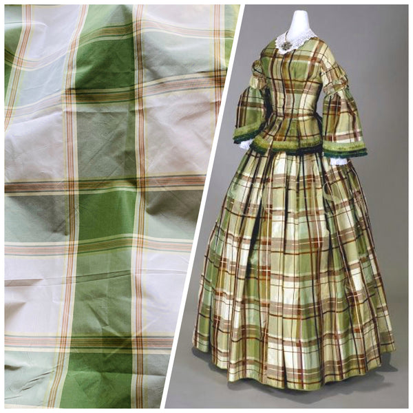 NEW Miss Dorothy Designer 100% Silk Taffeta Plaid Tartan Green & Cream Fabric - Fancy Styles Fabric Pierre Frey Lee Jofa Brunschwig & Fils