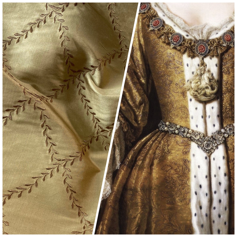 NEW Queen Mary 100% Silk Dupioni Fabric with Diamond Leaf Motif in Gold - Fancy Styles Fabric Pierre Frey Lee Jofa Brunschwig & Fils