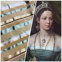 NEW Queen Genevieve 100% Silk Taffeta Fabric with Satin Ribbon Stripes in Brown, Gold, and Turquoise Blue - Fancy Styles Fabric Pierre Frey Lee Jofa Brunschwig & Fils