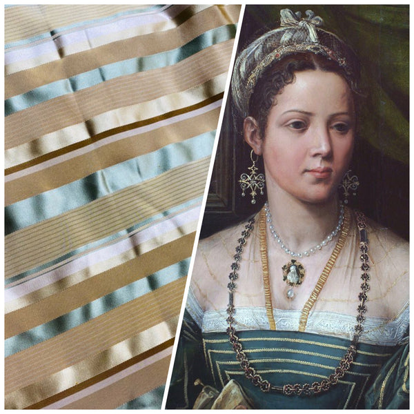NEW Queen Genevieve 100% Silk Taffeta Fabric with Satin Ribbon Stripes in Brown, Gold, and Turquoise Blue - Fancy Styles Fabric Pierre Frey Lee Jofa Brunschwig & Fils