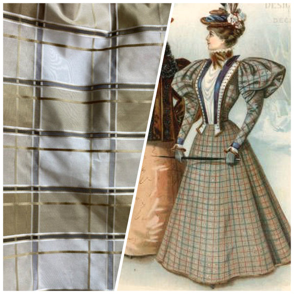 NEW Lady Beatrice 100% Silk Taffeta Plaid Tartan Satin Ribbon Striped Fabric in Gold and Cream - Fancy Styles Fabric Pierre Frey Lee Jofa Brunschwig & Fils