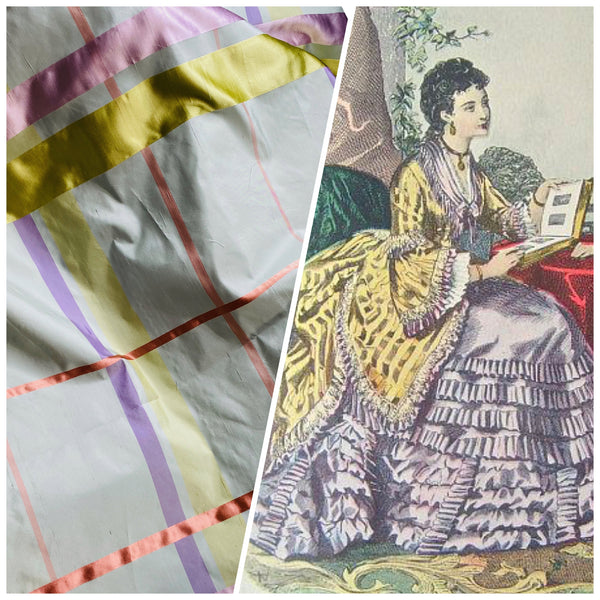 NEW Duchess Philippa 100% Silk Taffeta Plaid Tartan with Satin Ribbon Stripes in Light Blue, Lavender, Salmon, and Pink - Fancy Styles Fabric Pierre Frey Lee Jofa Brunschwig & Fils