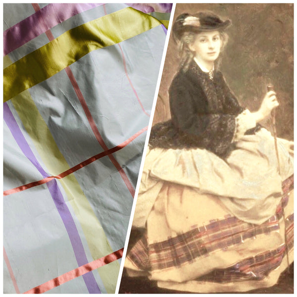 NEW Duchess Philippa 100% Silk Taffeta Plaid Tartan with Satin Ribbon Stripes in Light Blue, Lavender, Salmon, and Pink - Fancy Styles Fabric Pierre Frey Lee Jofa Brunschwig & Fils