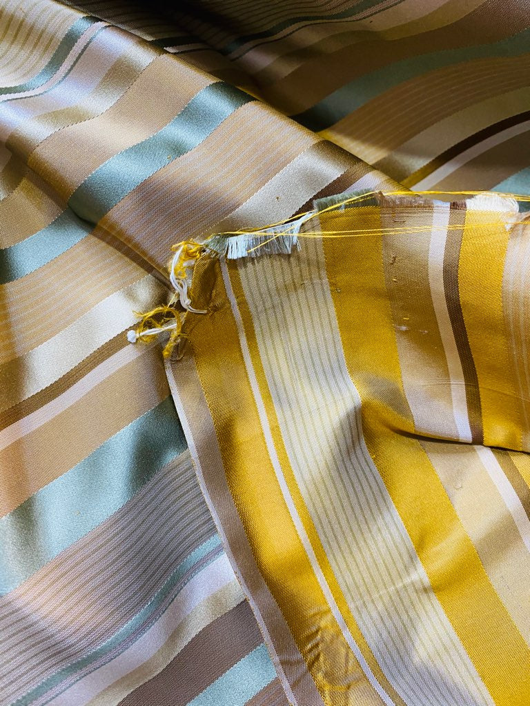 NEW Queen Genevieve 100% Silk Taffeta Fabric with Satin Ribbon Stripes in Brown, Gold, and Turquoise Blue - Fancy Styles Fabric Pierre Frey Lee Jofa Brunschwig & Fils