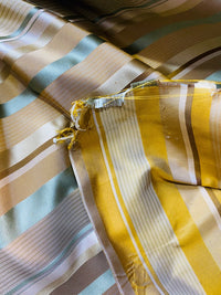 NEW Queen Genevieve 100% Silk Taffeta Fabric with Satin Ribbon Stripes in Brown, Gold, and Turquoise Blue - Fancy Styles Fabric Pierre Frey Lee Jofa Brunschwig & Fils