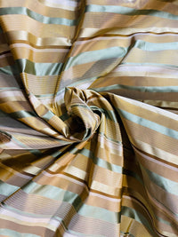 NEW Queen Genevieve 100% Silk Taffeta Fabric with Satin Ribbon Stripes in Brown, Gold, and Turquoise Blue - Fancy Styles Fabric Pierre Frey Lee Jofa Brunschwig & Fils