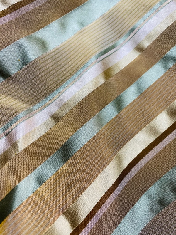 NEW Queen Genevieve 100% Silk Taffeta Fabric with Satin Ribbon Stripes in Brown, Gold, and Turquoise Blue - Fancy Styles Fabric Pierre Frey Lee Jofa Brunschwig & Fils