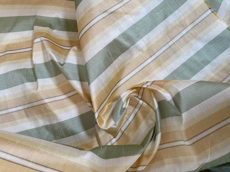 NEW Count Winston 100% Silk Taffeta Striped Sage Green, Ivory, & Yellow Fabric - Fancy Styles Fabric Pierre Frey Lee Jofa Brunschwig & Fils