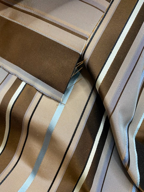NEW Prince Francis 100% Silk Taffeta Fabric with Brown and Turquoise Blue Stripes - Fancy Styles Fabric Pierre Frey Lee Jofa Brunschwig & Fils